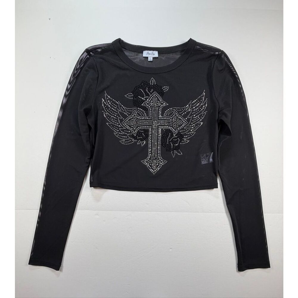 Petal Dew Size Large Black Sheer Mesh Crop Top Rhinestone Cross Wing Goth NWOT